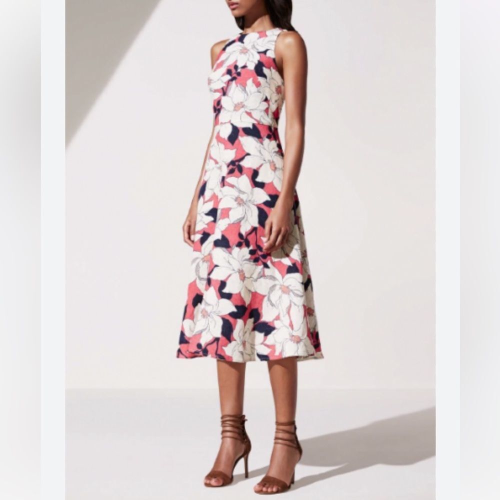 ANN TAYLOR Linen Blend Sleeveless A-Line Dress Navy Pink Cream Size 2